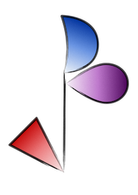 The Trio of Agony logo, with both the red triangle, the purple drop, and the blue moon parts coloured in.
